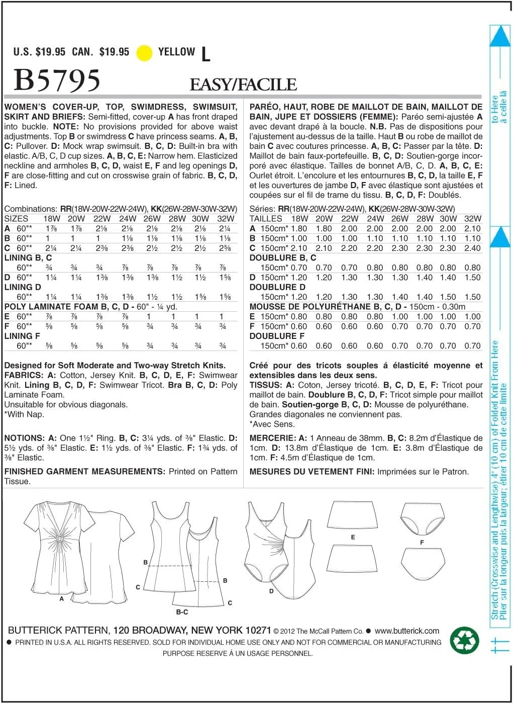 الگوهای خیاطی Butterick B5795 زنانه برای روپوش، تاپ، لباس شنا، مایو، دامن و شورت، سایز RR (18W-20W-22W-24W)