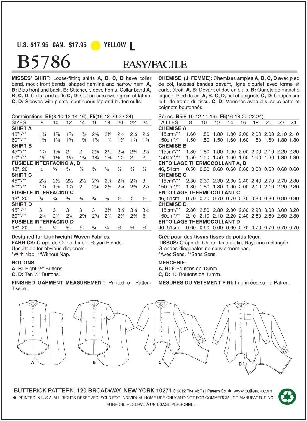 الگوهای خیاطی Butterick B5786 سایز B5 8-10-12-14-16 پیراهن زنانه، بسته 1 عددی، سفید