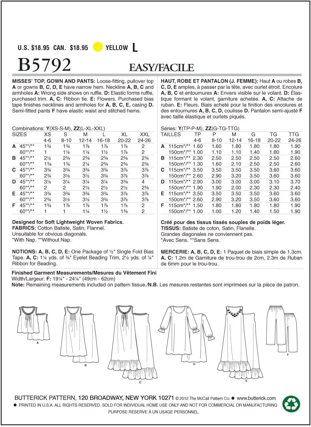 الگوهای خیاطی Butterick B5792 سایز ZZ بزرگ-خیلی بزرگ-XXL تاپ، لباس شب و شلوار زنانه، بسته 1 عددی، سفید الگوهای خیاطی Butterick B5792 سایز ZZ بزرگ-خیلی بزرگ-XXL تاپ، لباس شب و شلوار زنانه، بسته 1 عددی، سفید