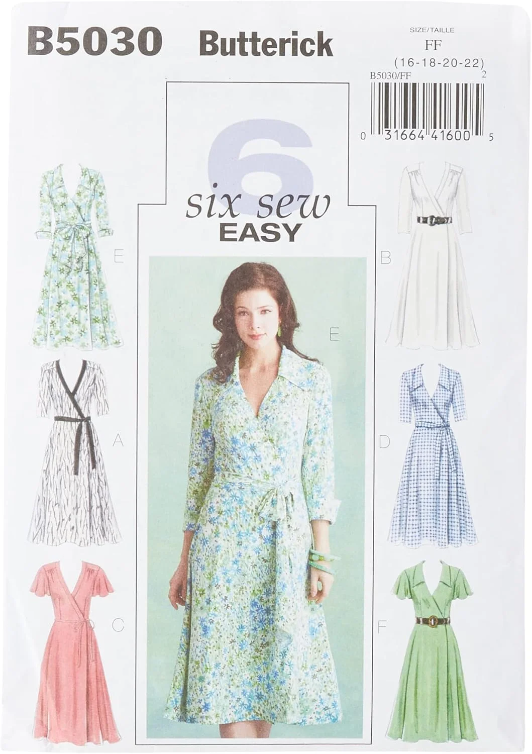 الگوهای Butterick B5030 سایز FF 16-18-20-22 لباس زنانه/کمربند و شال، بسته 1 عددی، سفید