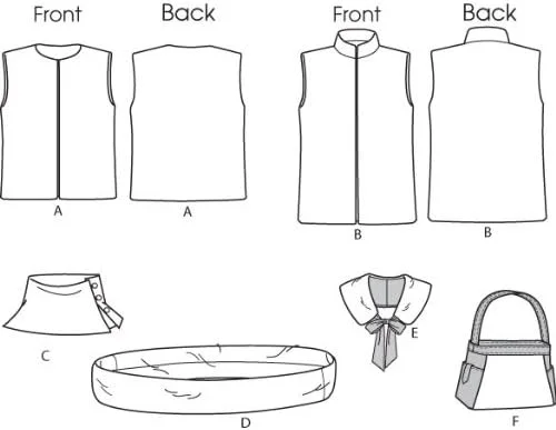 الگوهای خیاطی باتریک B5727: جلیقه، گردن گرم کن، شال گردن، یقه و کیف الگوهای خیاطی باتریک B5727: جلیقه، گردن گرم کن، شال گردن، یقه و کیف