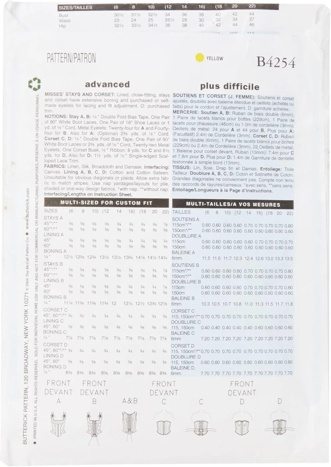 الگوهای خیاطی باتریک B4254 سایز 18-20-22 مخصوص بانوان، سینه بند و کرست، بسته 1 عددی، سفید الگوهای خیاطی باتریک B4254 سایز 18-20-22 مخصوص بانوان، سینه بند و کرست، بسته 1 عددی، سفید