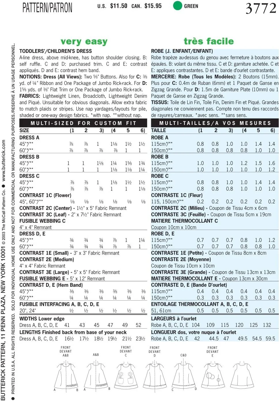 الگوهای Butterick B3772 سایز 1-2-3 لباس کودکانه، بسته 1 عددی، سفید الگوهای Butterick B3772 سایز 1-2-3 لباس کودکانه، بسته 1 عددی، سفید