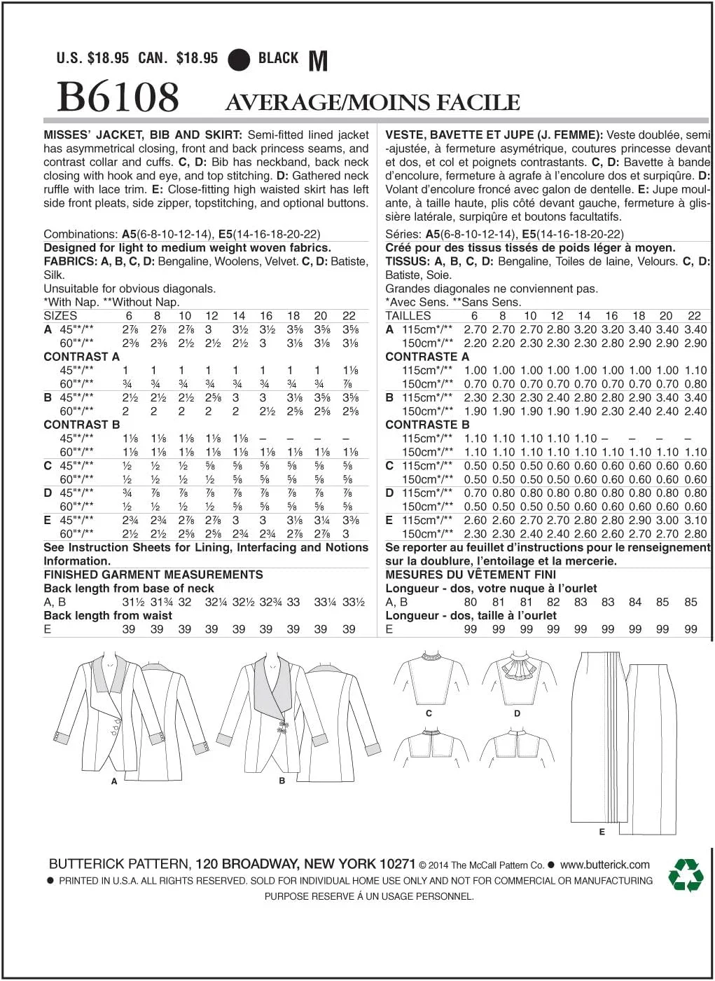 الگوهای خیاطی Butterick 6108 A5 سایزهای 6-8 - 10-12 - 14 کت، سینه بند و دامن زنانه الگوهای خیاطی Butterick 6108 A5 سایزهای 6-8 - 10-12 - 14 کت، سینه بند و دامن زنانه