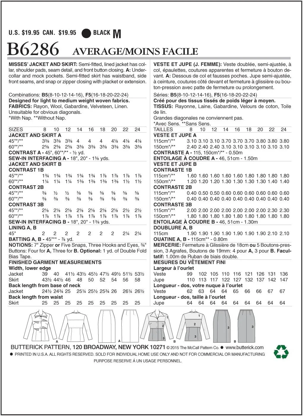 الگوی Butterick 6286 B5، کت و دامن زنانه، سایزهای 8-16، چند رنگ، (8-10-12-14-16) الگوی Butterick 6286 B5، کت و دامن زنانه، سایزهای 8-16، چند رنگ، (8-10-12-14-16)