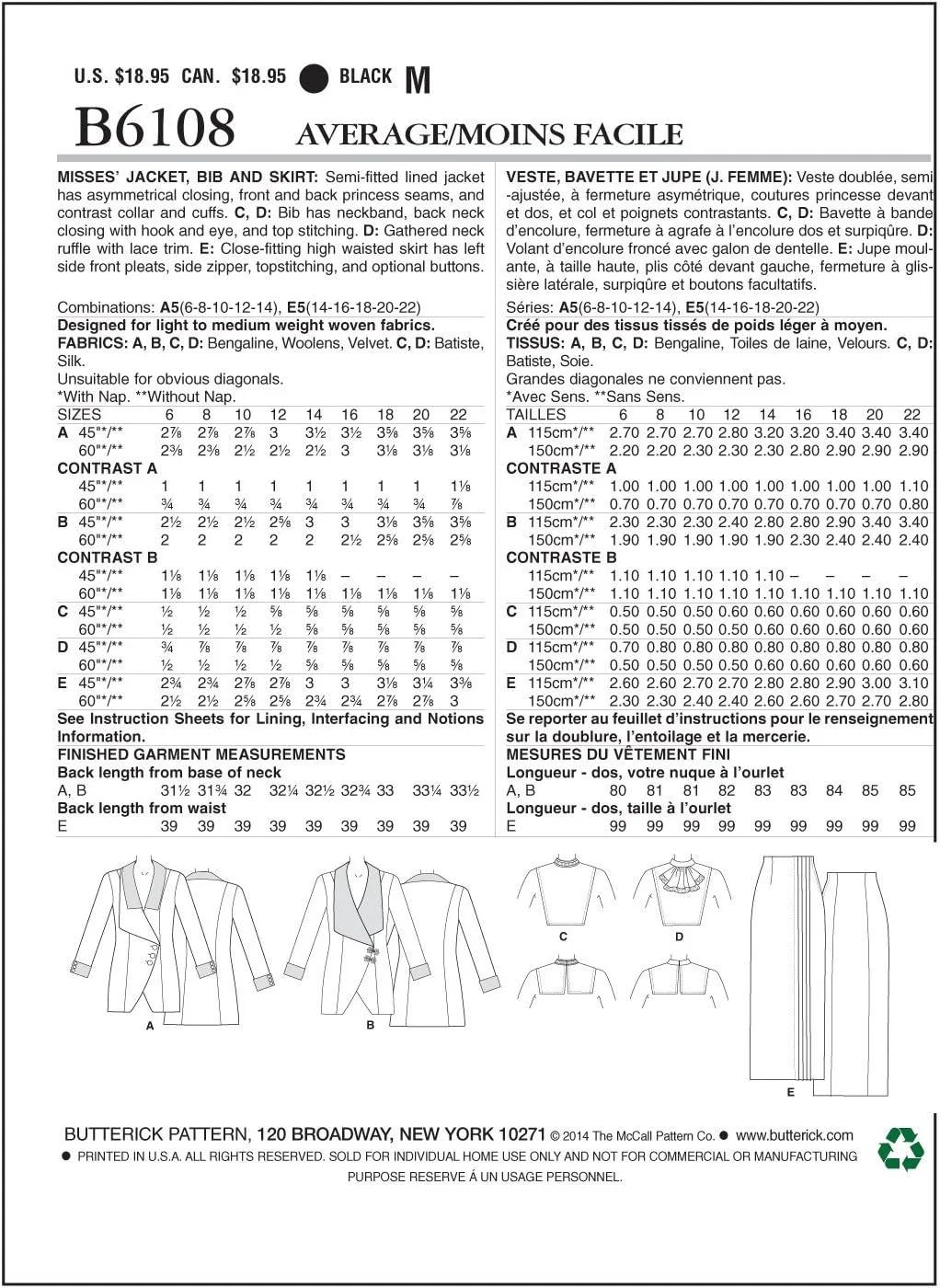 الگوهای خیاطی Butterick 6108 A5 سایزهای 6-8 - 10-12 - 14 کت، سینه بند و دامن زنانه الگوهای خیاطی Butterick 6108 A5 سایزهای 6-8 - 10-12 - 14 کت، سینه بند و دامن زنانه