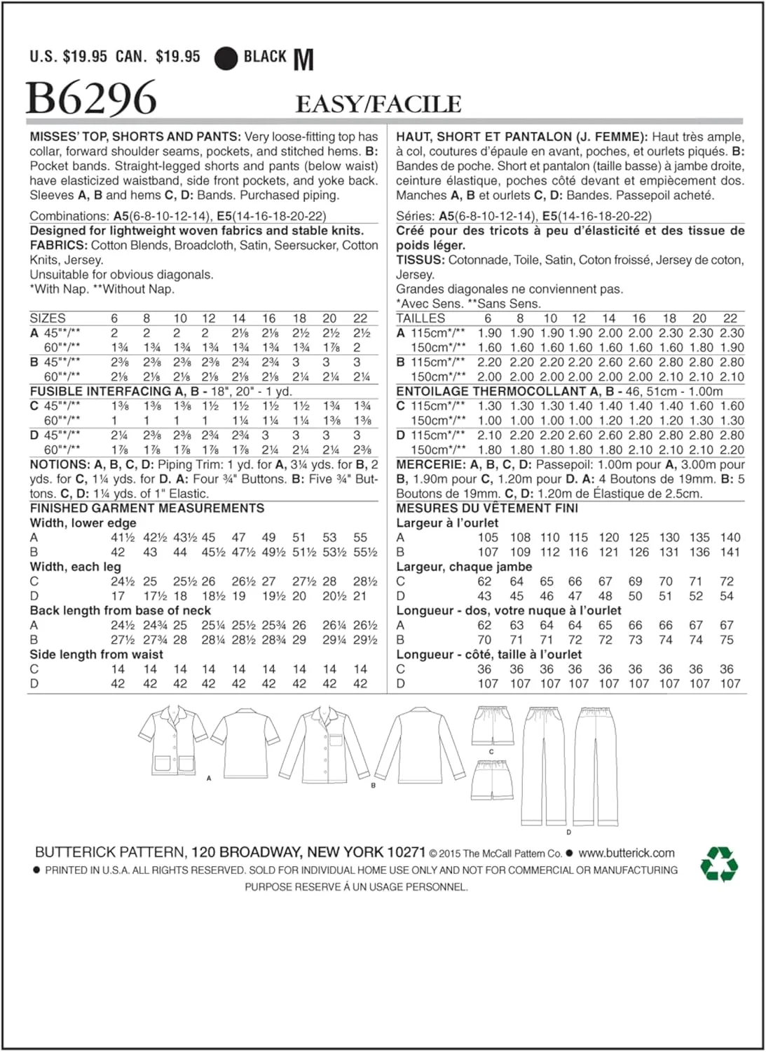 الگوی خیاطی باتریک 6296 A5 سایزهای 6-14، الگوی دوخت تاپ/شلوارک و شلوار زنانه، چند رنگ سفید