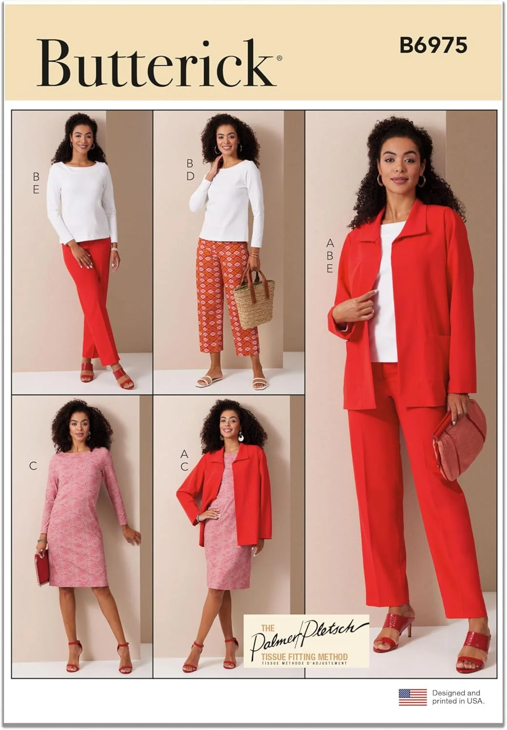 الگوی خیاطی ژاکت زنانه باتریک، تاپ و پیراهن بافتنی اسلیم فیت و شلوار، توسط پالمر/پلتش، کد طراحی B6975، سایزهای 8-10-12-14-16، چند رنگ