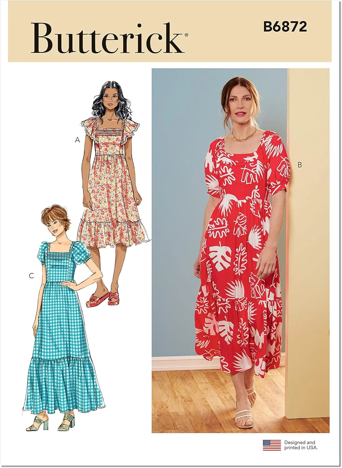 الگوی خیاطی لباس مجلسی زنانه کمر بلند Butterick، کد طراحی B6872، سایزهای 16-18-20-22-24