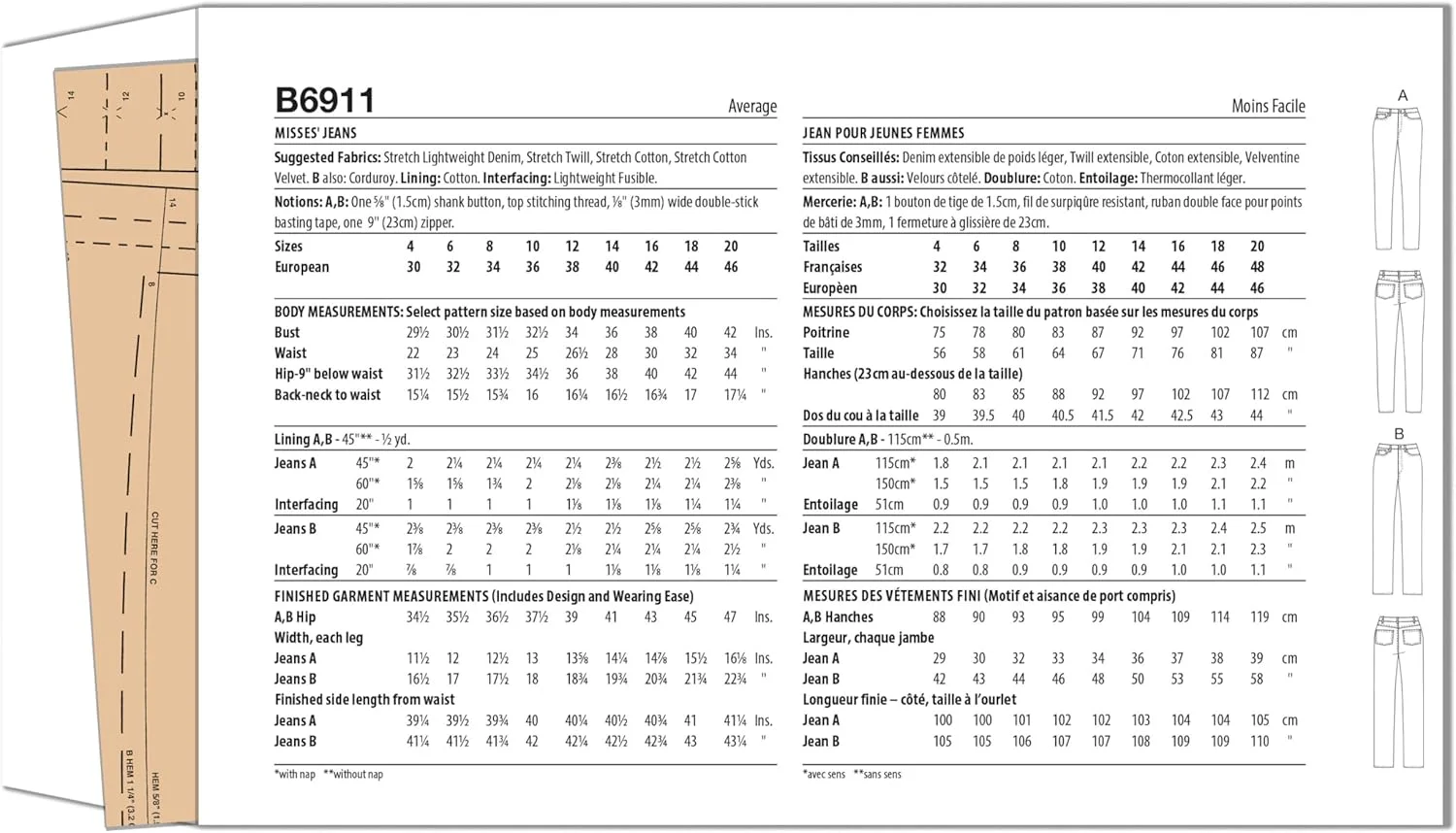 الگوی خیاطی شلوار جین زنانه Butterick توسط Palmer/Pletsch، کد طراحی B6911، سایزهای 12-14-16-18-20
