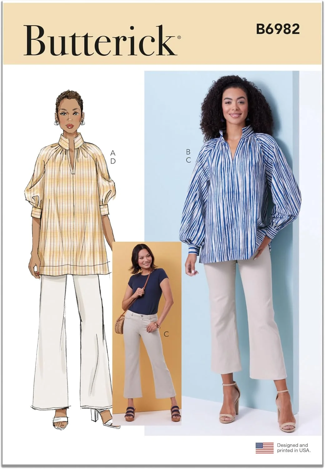 الگوی خیاطی تونیک و شلوار جین گشاد زنانه Butterick، کد طراحی B6982، سایزهای 18-20-22-24-26، چند رنگ