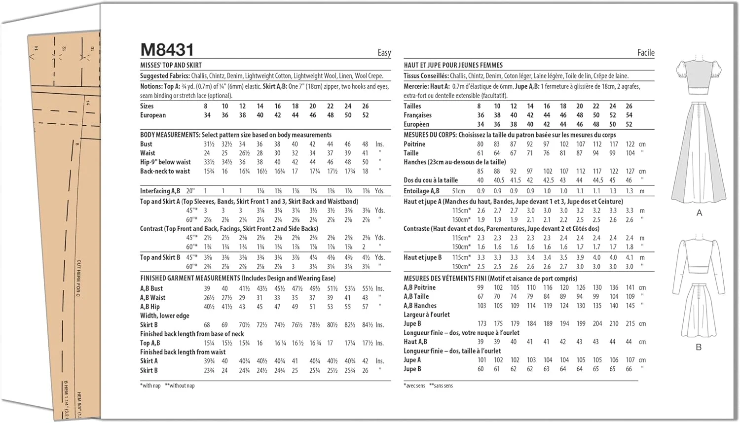 الگوی خیاطی تاپ و دامن زنانه Butterick McCall's مدل قدیمی دهه 1970، کد طراحی M8431، سایزهای 18-20-22-24-26