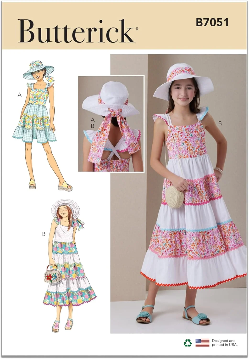 الگوی خیاطی لباس و کلاه دخترانه Butterick B7051A، مدل چند لایه، کد طراحی B7051، سایزهای 7-8-10-12-14