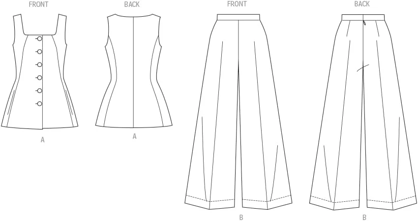 الگوی خیاطی باتریک B7046AA برای تاپ دکمه دار بدون آستین و شلوار پا گشاد زنانه، کد طراحی B7046، سایزهای 10-12-14-16-18