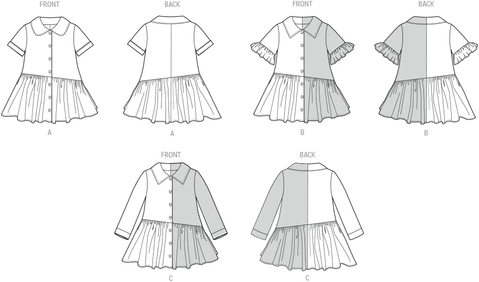 الگوی خیاطی لباس دکمه دار جلو بچه گانه Butterick B7049A، کد طراحی B7049، سایزهای 1/2-1-2-3-4