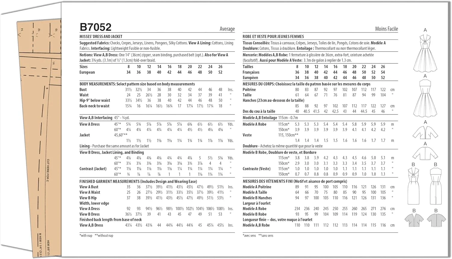 الگوی خیاطی لباس بدون آستین و کت آستین کوتاه زنانه باتریک B7052K5، طرحی قدیمی از دهه 1960، کد طراحی B7052، سایزهای 8-10-12-14-16