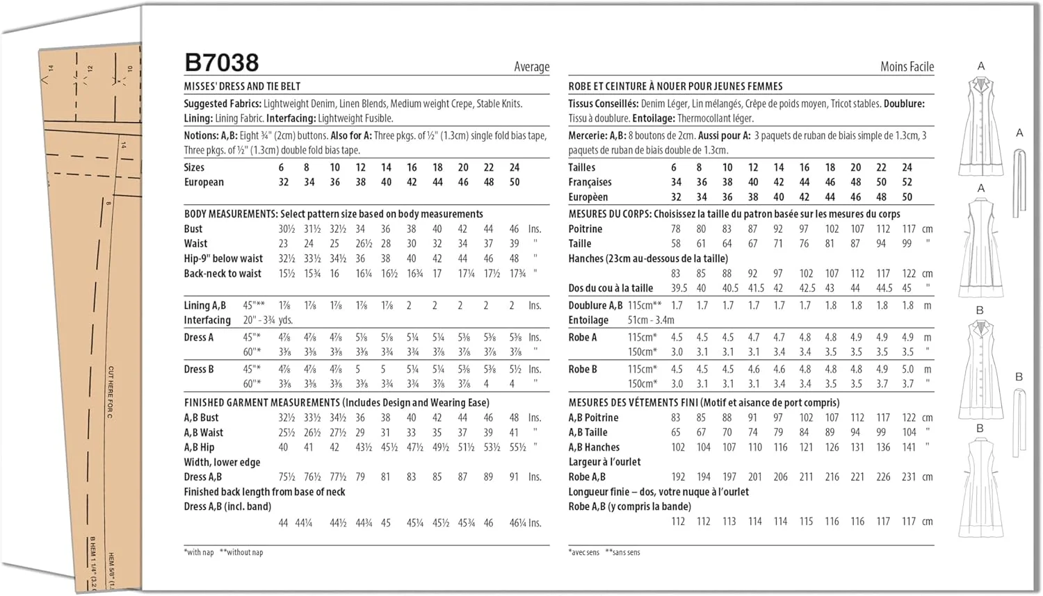 الگوی خیاطی لباس میدی زنانه آستردار و کمربند کراواتی Butterick B7038U5، کد طراحی B7038، سایزهای 16-18-20-22-24
