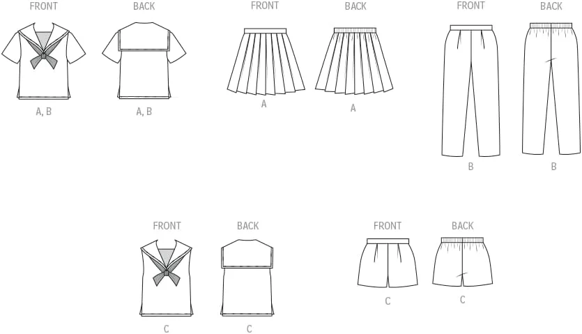 الگوی خیاطی لباس ورزشی بچه گانه Butterick B7054CKK شامل دامن، بلوز، شلوار، شورت و یقه جداشدنی، کد طراحی B7054، سایزهای 5-6-7-8 الگوی خیاطی لباس ورزشی بچه گانه Butterick B7054CKK شامل دامن، بلوز، شلوار، شورت و یقه جداشدنی، کد طراحی B7054، سایزهای 5-6-7-8