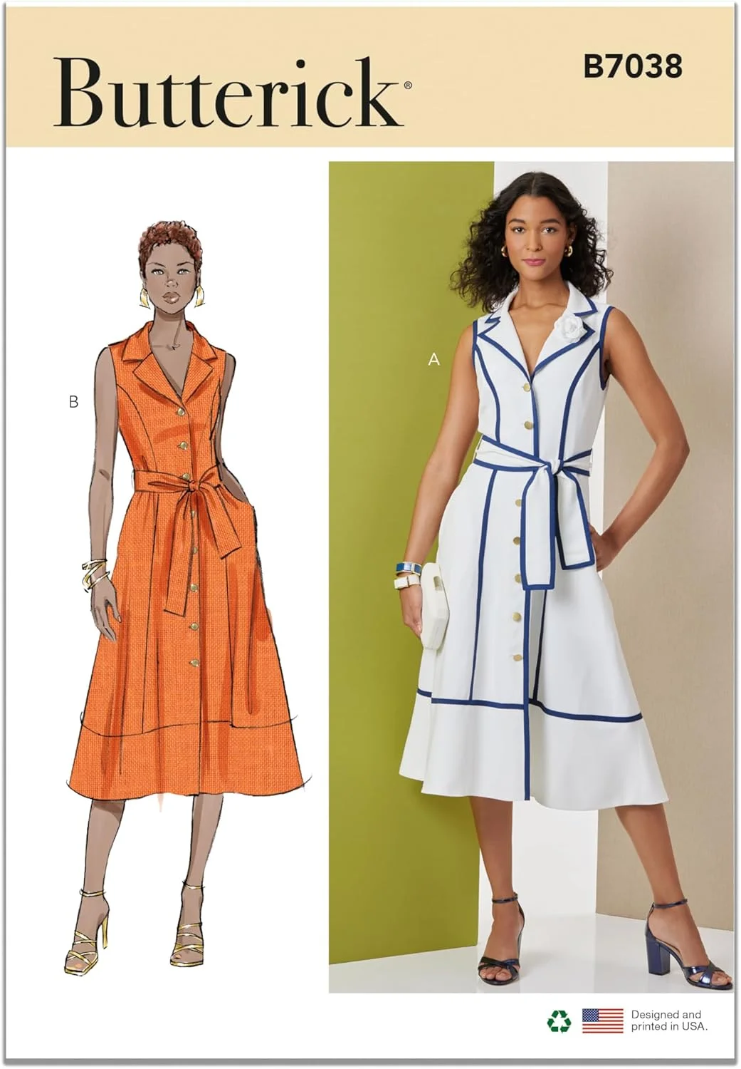 الگوی خیاطی لباس میدی زنانه آستردار و کمربند کراواتی Butterick B7038H5، کد طراحی B7038، سایزهای 6-8-10-12-14