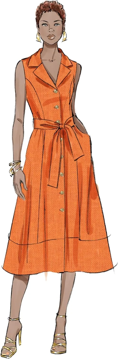 الگوی خیاطی لباس میدی زنانه آستردار و کمربند کراواتی Butterick B7038H5، کد طراحی B7038، سایزهای 6-8-10-12-14