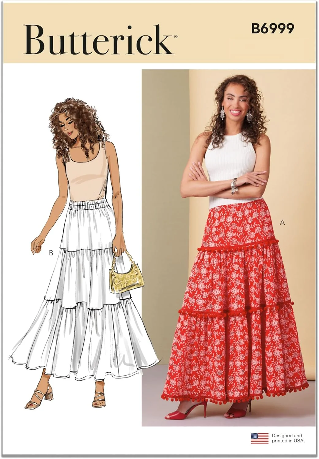الگوی خیاطی دامن طبقاتی گشاد زنانه Butterick B6999Y5، کد طراحی B6999، سایزهای 18-20-22-24-26