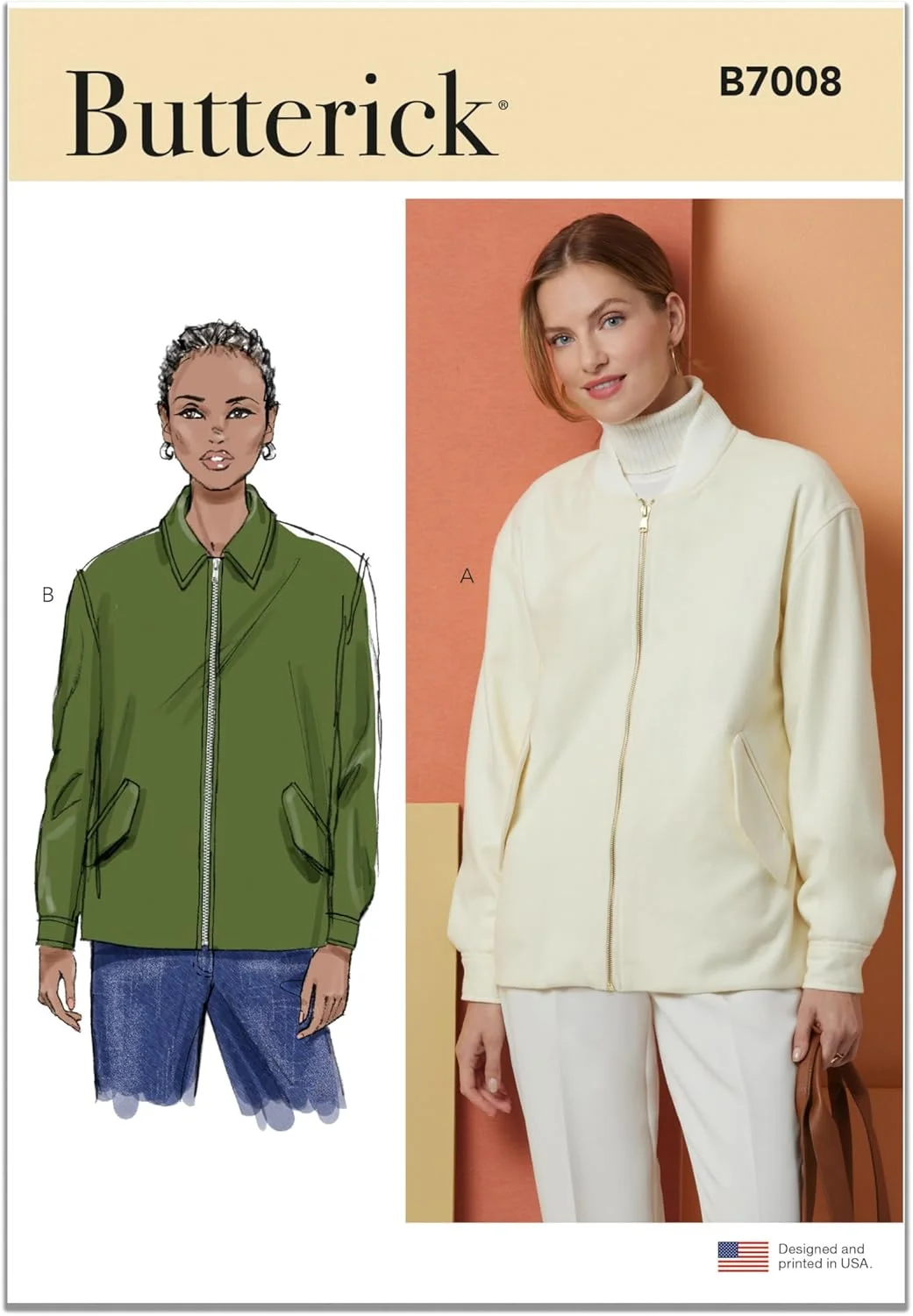 الگوی خیاطی ژاکت بمب افکن گشاد و آستردار زنانه Butterick B7008H5، کد طراحی B7008، سایزهای 6-8-10-12-14