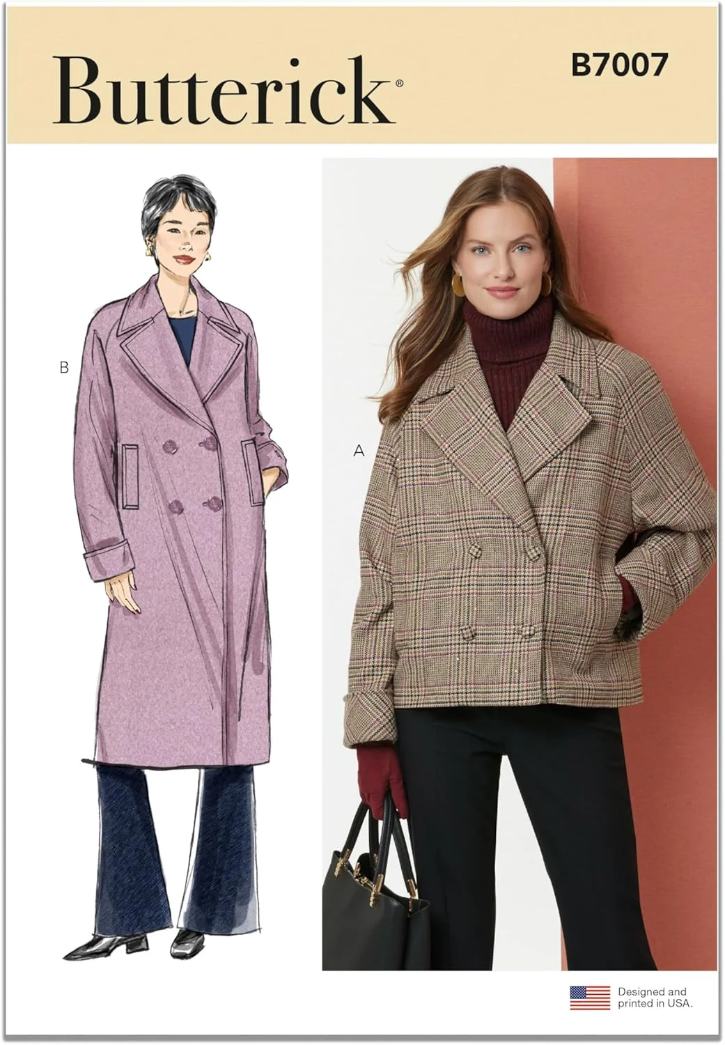الگوی خیاطی ژاکت و کت دکمه دوبل گشاد زنانه Butterick B7007K5، کد طراحی B7007، سایزهای 8-10-12-14-16