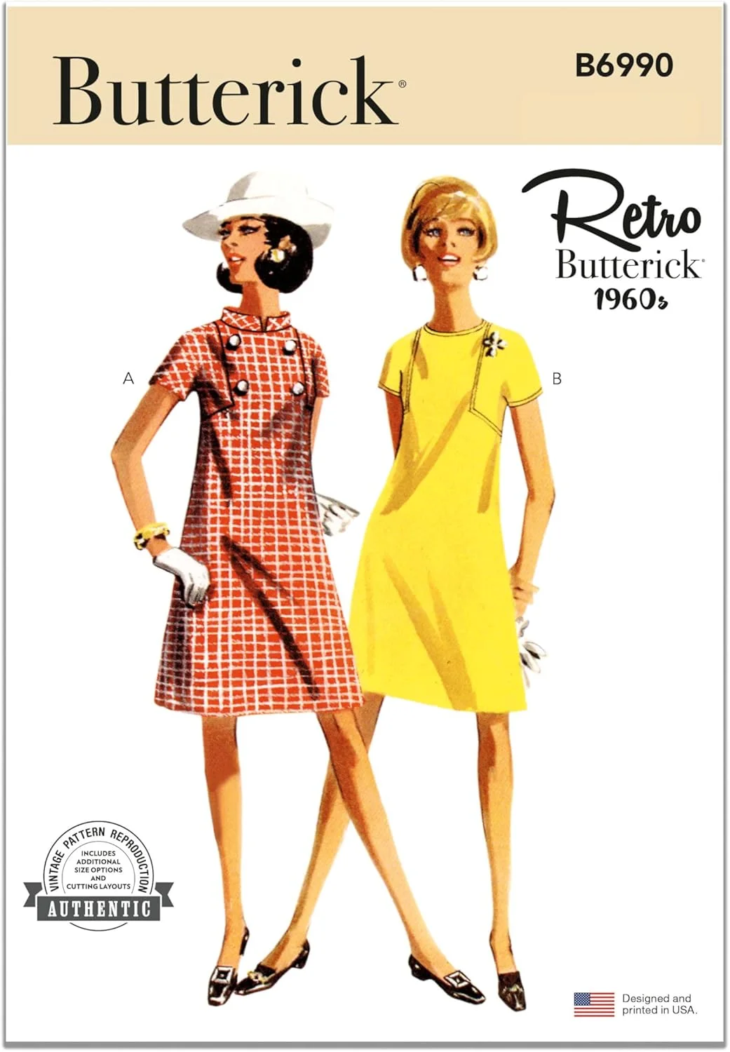 الگوی خیاطی لباس یک تکه نیمه فیت زنانه دهه 1960 Butterick B6990K5، کد طراحی B6990، سایزهای 8-10-12-14-16
