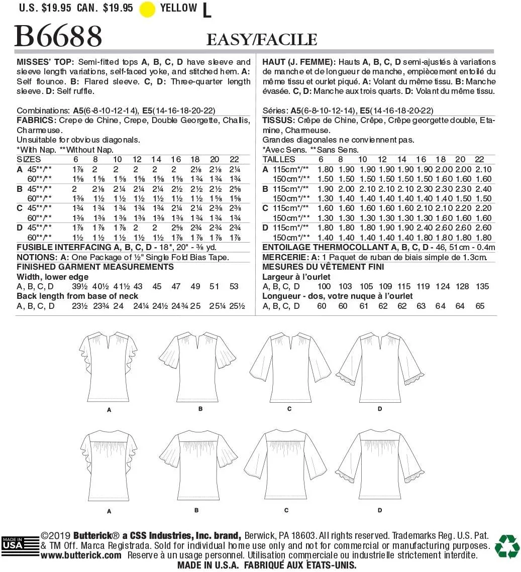 الگوهای خیاطی بلوز زنانه نیمه جذب آسان Butterick B6688A5، سایزهای 6-14، سفید الگوهای خیاطی بلوز زنانه نیمه جذب آسان Butterick B6688A5، سایزهای 6-14، سفید