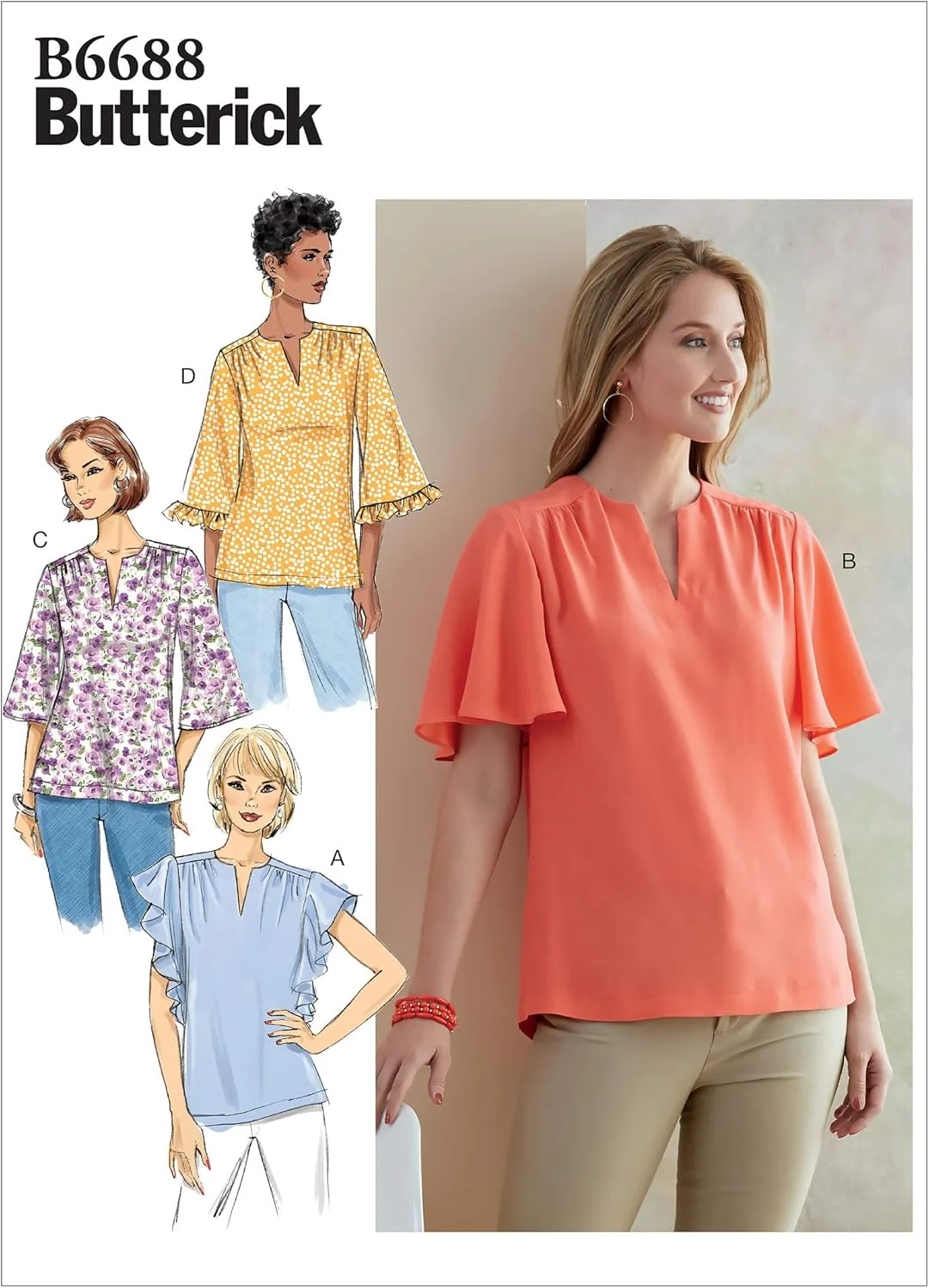 الگوهای خیاطی بلوز زنانه نیمه جذب آسان Butterick B6688A5، سایزهای 6-14، سفید