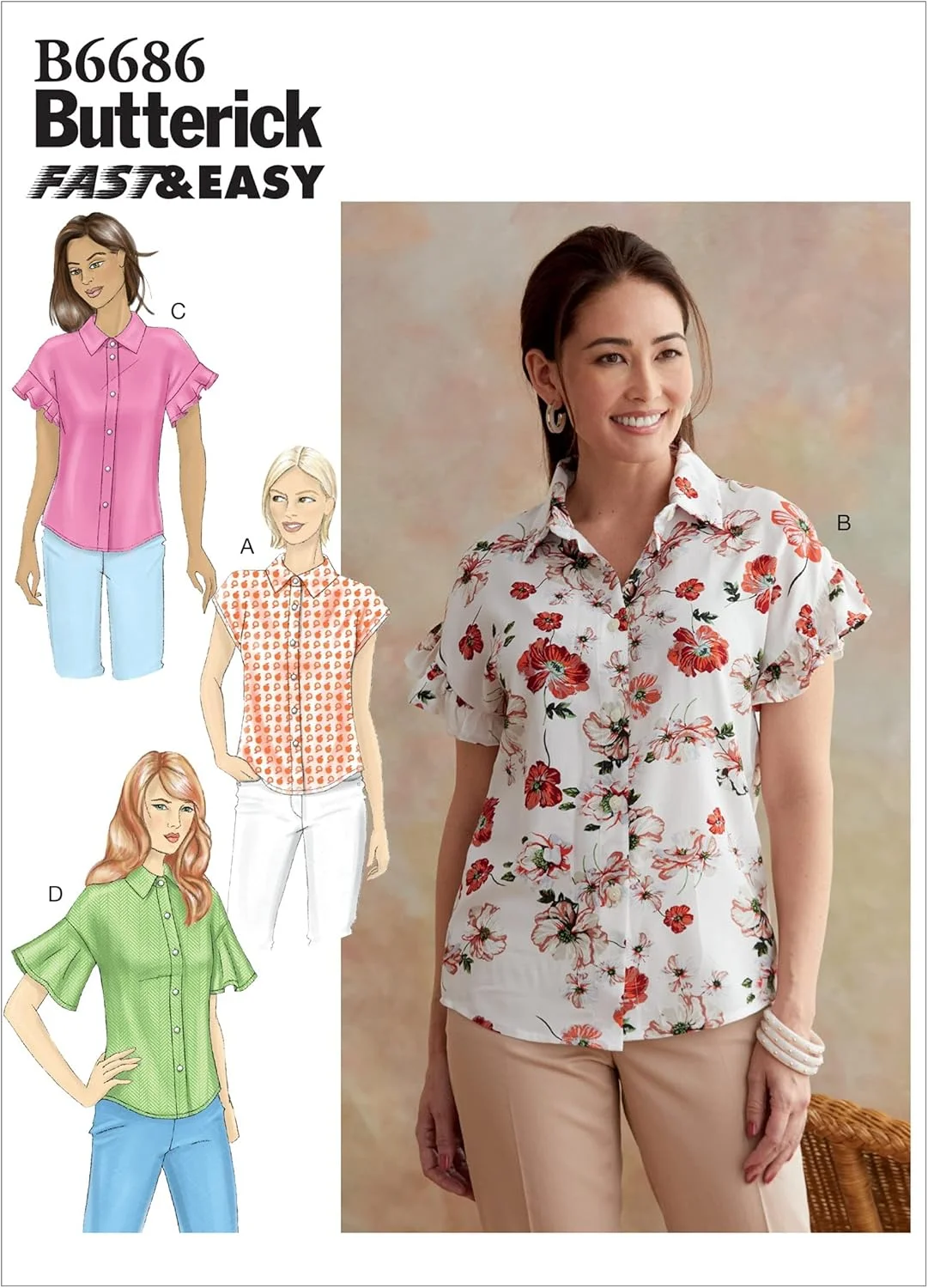 الگوهای خیاطی بلوز زنانه بسیار آسان Butterick B6686A5، بدون آستین و آستین کوتاه، سایزهای 6-14