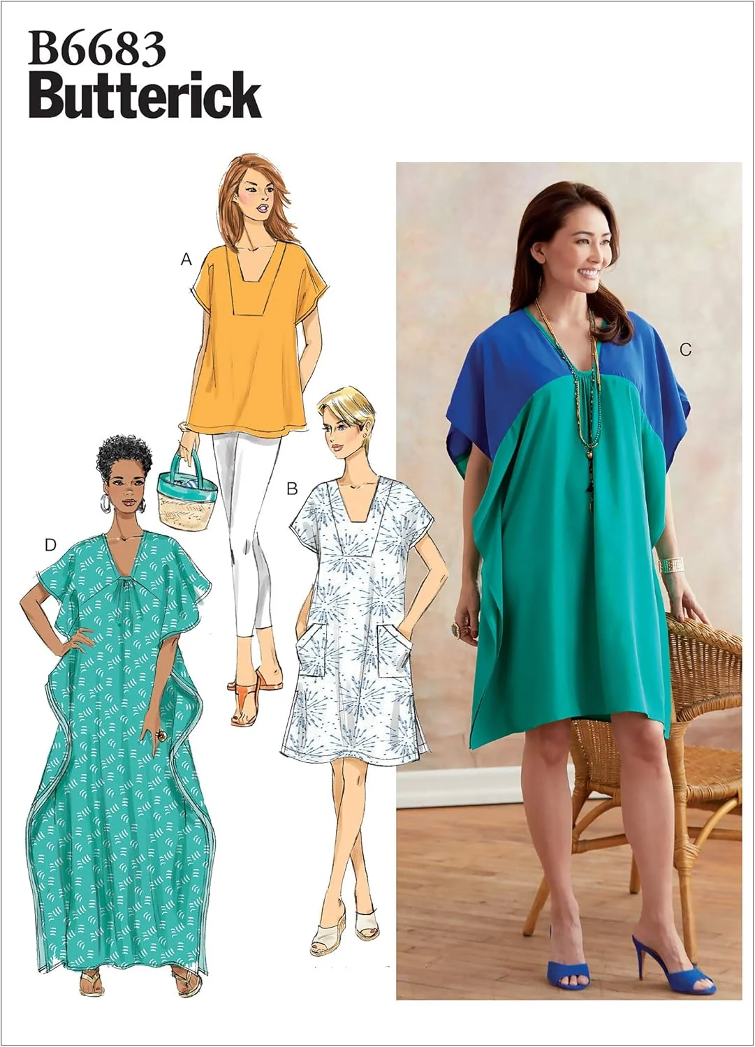 الگوهای خیاطی تونیک و کافتان زنانه آسان Butterick B6683Y، سایزهای 4-14، سفید