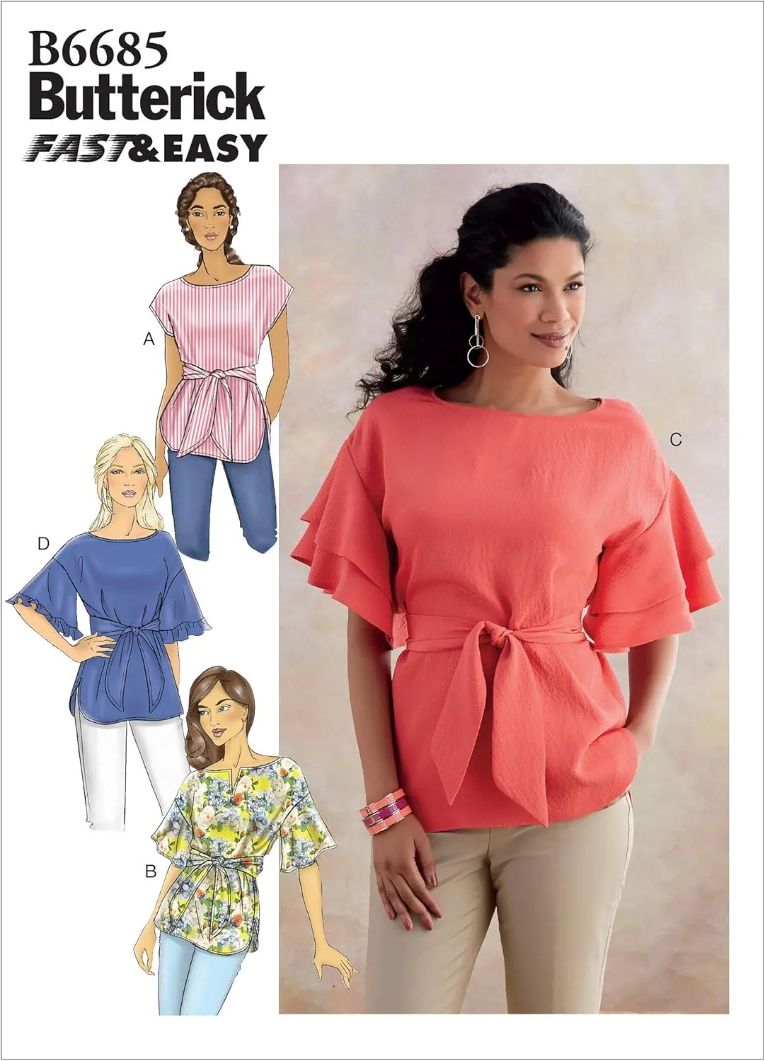 الگوهای خیاطی بلوز و کمربند زنانه بسیار آسان Butterick B6685ZZ، سایز L-XXL، سفید