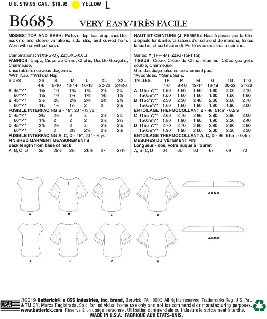 الگوهای خیاطی بلوز زنانه بسیار آسان Butterick B6685Y با آستین 3/4 و کوتاه، سایزهای 4-14، سفید