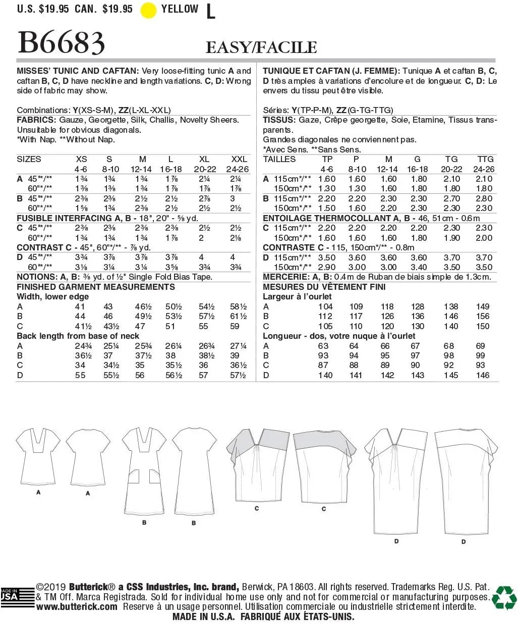 الگوهای خیاطی تونیک و کافتان زنانه آسان Butterick B6683Y، سایزهای 4-14، سفید الگوهای خیاطی تونیک و کافتان زنانه آسان Butterick B6683Y، سایزهای 4-14، سفید