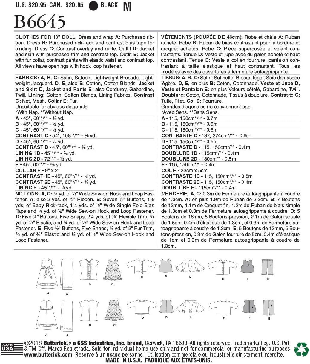 الگوی خیاطی لباس عروسک 18 اینچی Butterick B6645OSZ، سایز واحد الگوی خیاطی لباس عروسک 18 اینچی Butterick B6645OSZ، سایز واحد