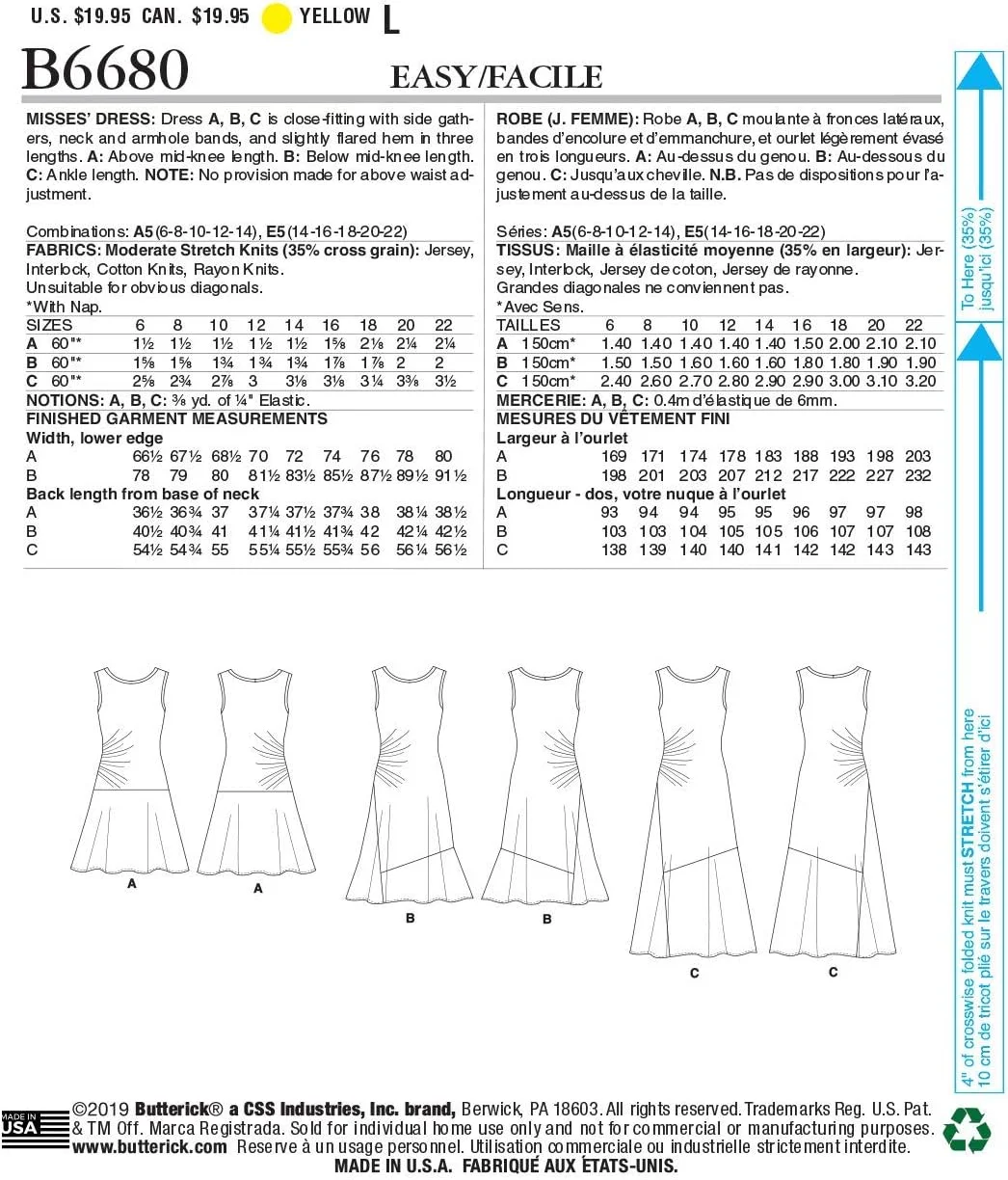 الگوهای خیاطی آسان لباس زنانه بدون آستین و جذب باتریک B6680E5، سایزهای 14-22