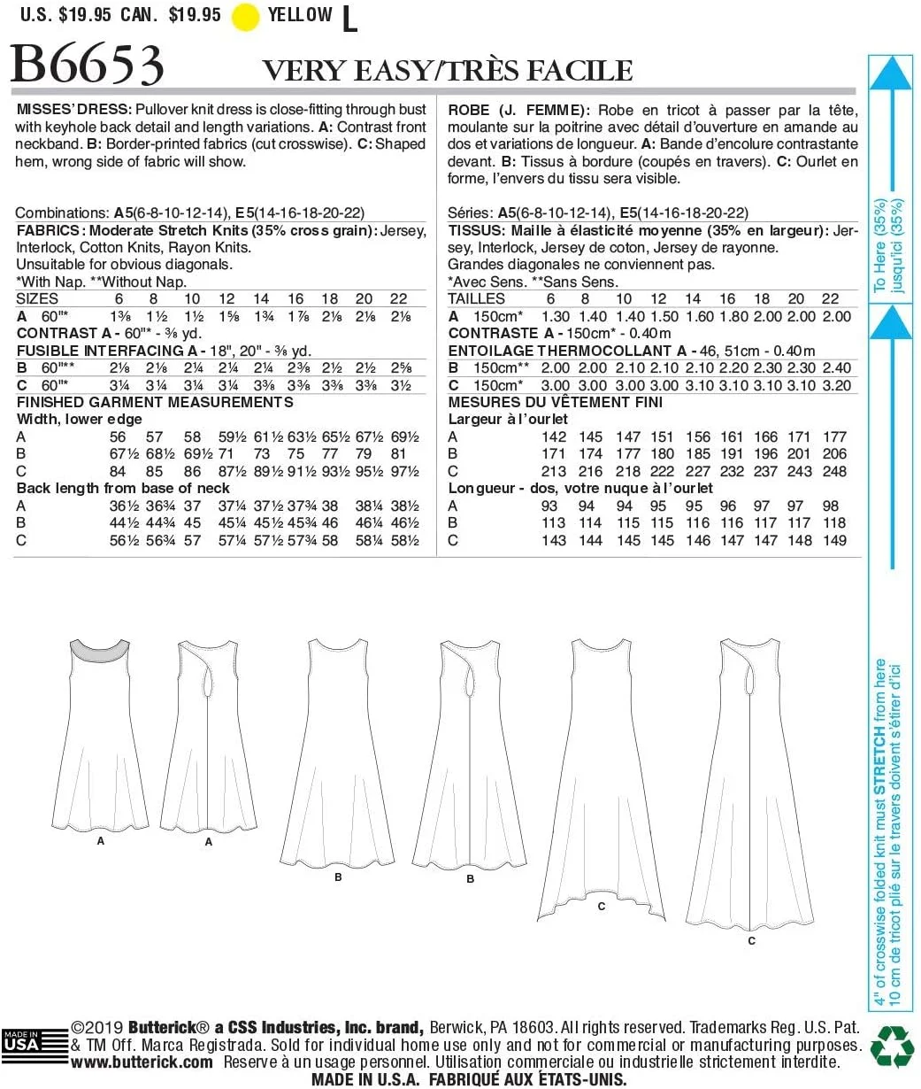 الگوهای خیاطی لباس بافتنی زنانه مدل Butterick B6653E5، سریع و آسان برای دوخت، سایزهای 14-22 الگوهای خیاطی لباس بافتنی زنانه مدل Butterick B6653E5، سریع و آسان برای دوخت، سایزهای 14-22
