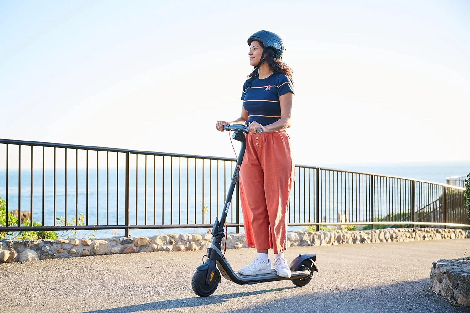 اسکوتر برقی ناین‌بات KickScooter E2 با قدرت Segway | سرعت تا 20 کیلومتر در ساعت | برد معمول تا 20 کیلومتر | ترمز الکترونیکی جلو و ترمز درام عقب | لاستیک‌های توخالی | مشکی