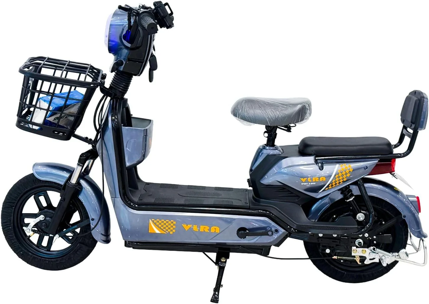 اسکوتر برقی VLRA Super Bike، آبی، با سبد جلویی، چراغ جلو LED، صندلی دو نفره، سیستم جذب شوک