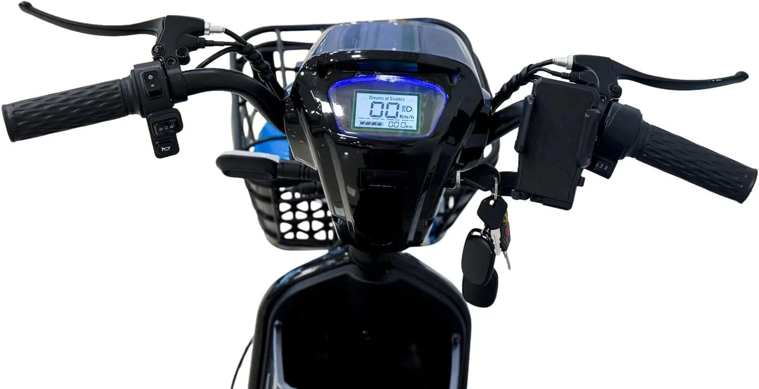 اسکوتر برقی VLRA Super Bike، آبی، با سبد جلویی، چراغ جلو LED، صندلی دو نفره، سیستم جذب شوک