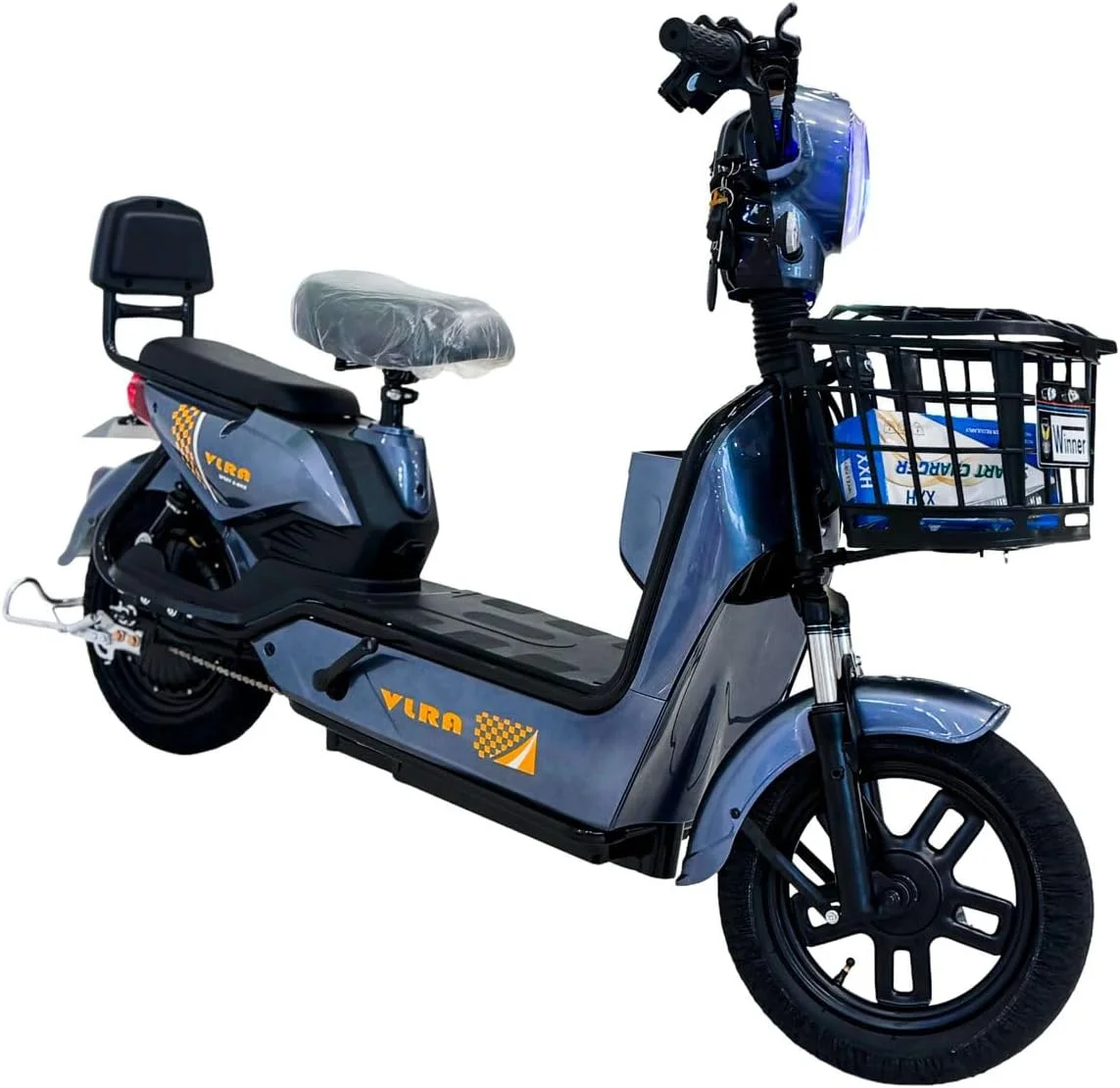 اسکوتر برقی VLRA Super Bike، آبی، با سبد جلویی، چراغ جلو LED، صندلی دو نفره، سیستم جذب شوک
