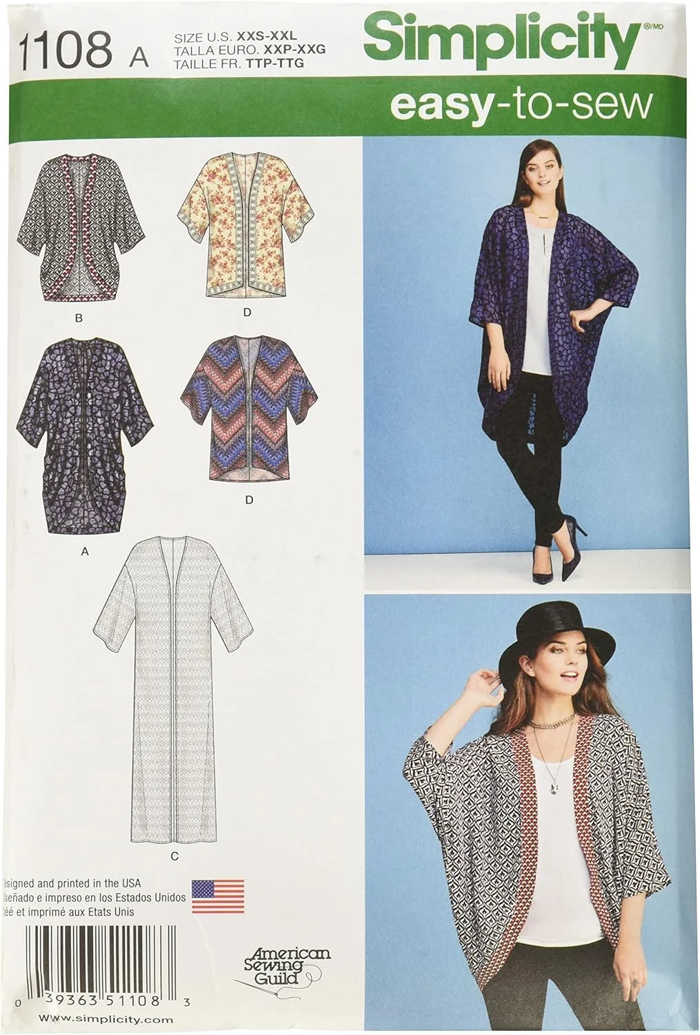 الگوی خیاطی کیمونو و کاردیگان زنانه Simplicity US1108A، کد 1108، سایز XXS-XXL
