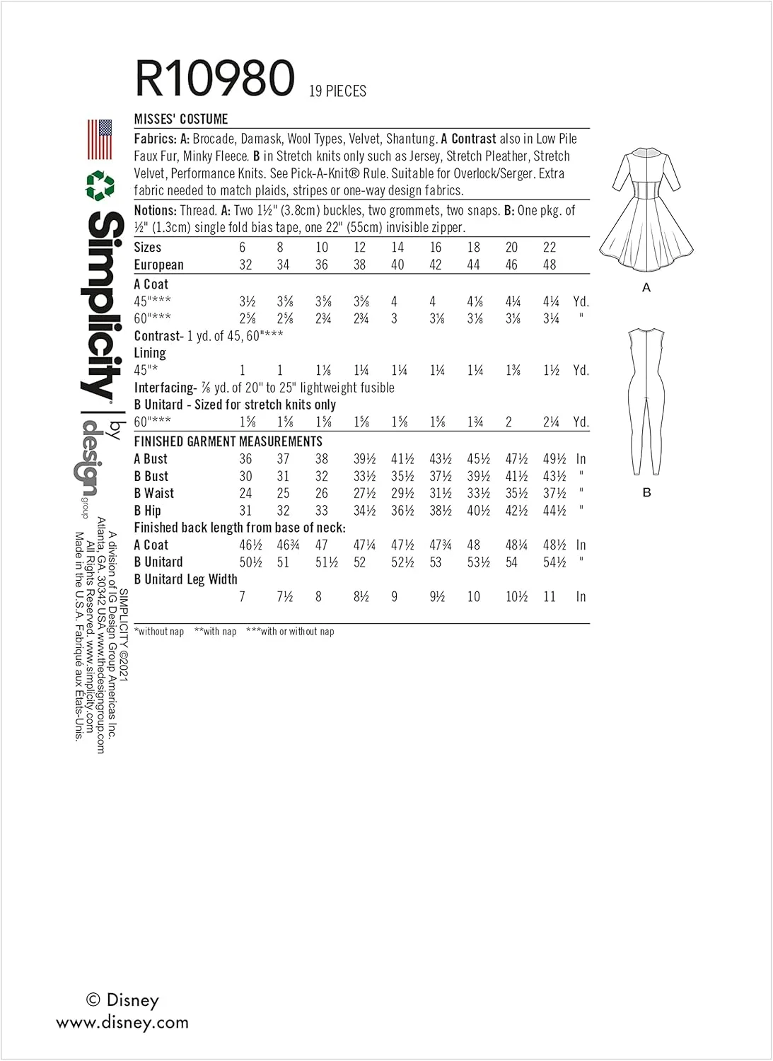 الگوی خیاطی لباس کرولا از دیزنی Simplicity UR10980H5، مخصوص یونی‌تارد و کت زنانه برای Cosplay و هالووین، کد طراحی R10980، سایزهای 6-14، 100% کاغذی