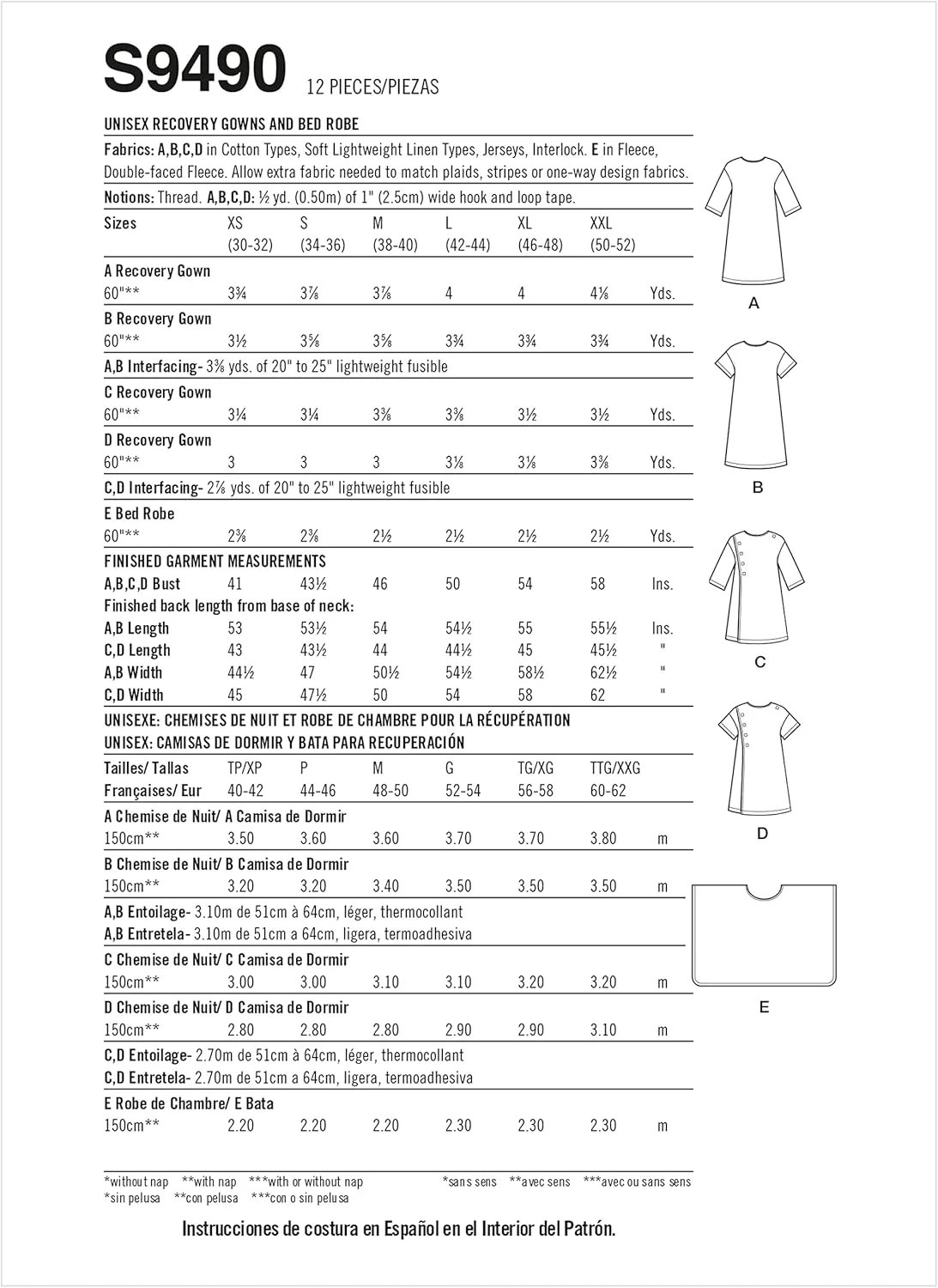 کیت الگوی دوخت لباس ریکاوری و روپوش تخت خواب سادگی، کد S9490، سایز XS-S-M، چند رنگ، مناسب برای آقایان و بانوان