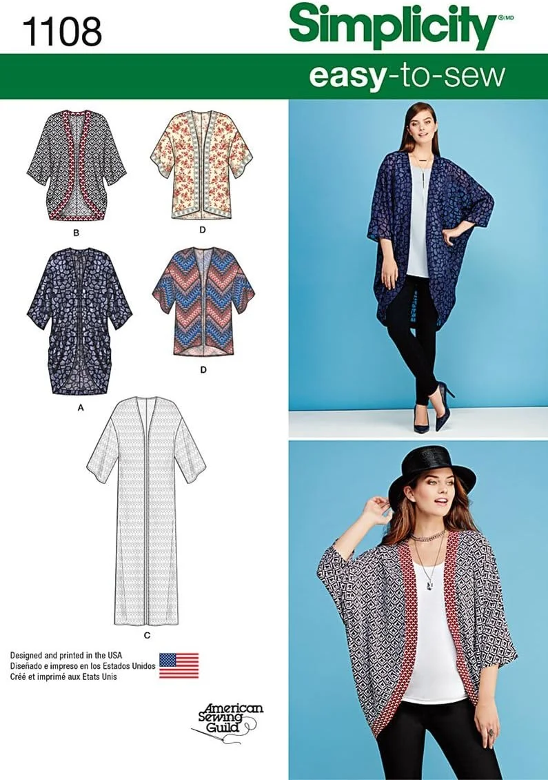 الگوی خیاطی کیمونو و کاردیگان زنانه Simplicity US1108A، کد 1108، سایز XXS-XXL