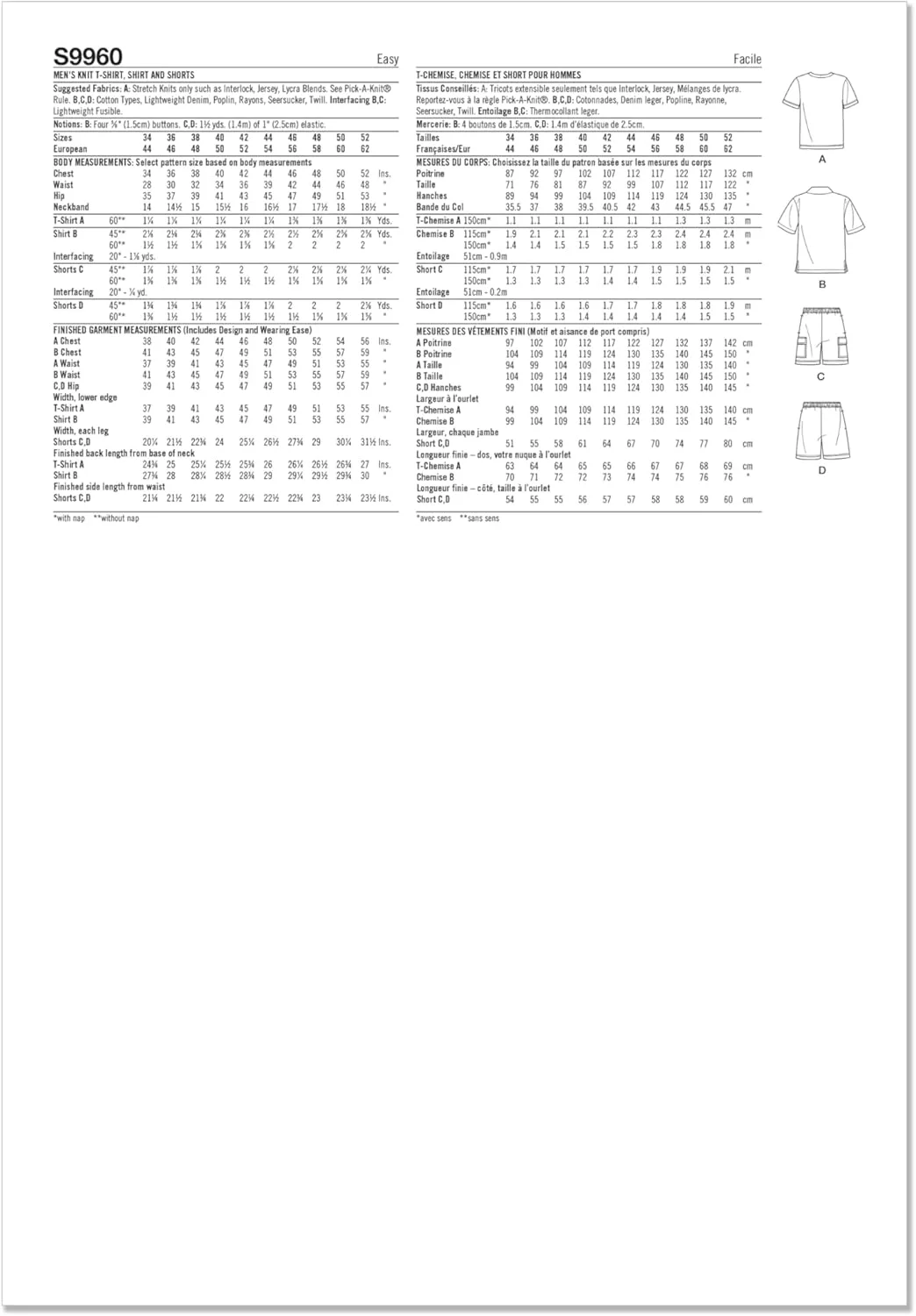 الگوی خیاطی آسان تی شرت، پیراهن و شورت بافتنی مردانه Simplicity SS9960BB، کد طراحی S9960، سایزهای 44-46-48-50-52، چند رنگ