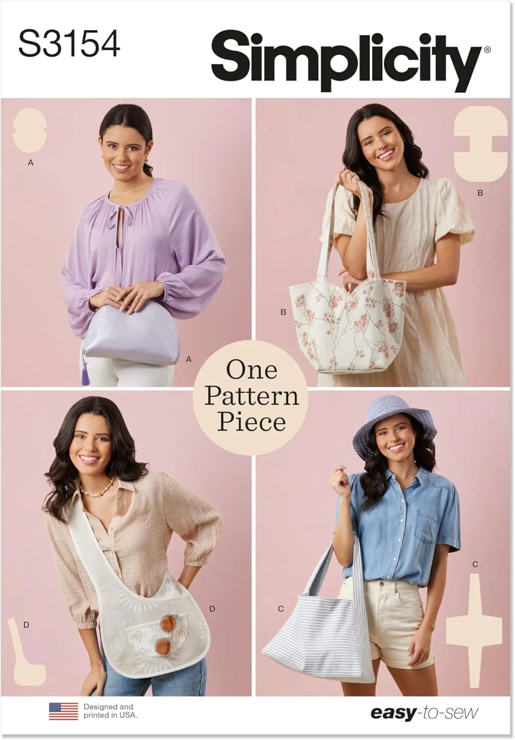 الگوی خیاطی کیف های ساده مدل SS3154OS، شامل کیف کلاچ آستردار، کیف دستی، کیف دوشی و کیف کراس بادی، کد طراحی S3154، سایز Free Size