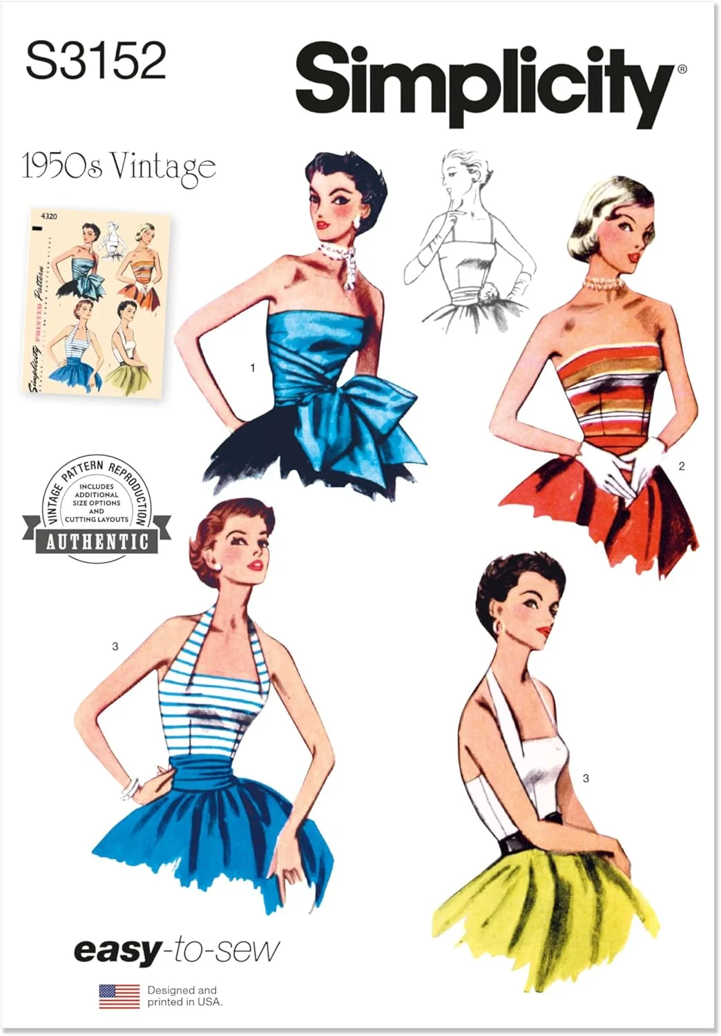 الگوی خیاطی زنانه Simplicity SS3152U5 مدل یقه هالتر و بالاتنه بدون بند دهه 1950، کد طراحی S3152، سایزهای 16-18-20-22-24