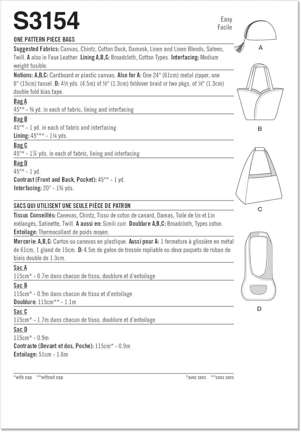 الگوی خیاطی کیف های ساده مدل SS3154OS، شامل کیف کلاچ آستردار، کیف دستی، کیف دوشی و کیف کراس بادی، کد طراحی S3154، سایز Free Size
